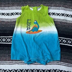 VTG BABY CONNECTION GREEN BLUE DINOSAUR SURFING ROMPER SIZE 12 MONTHS